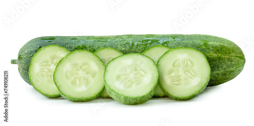 Front view of cucumber fruit with slices or pieces isolated with clipping path and shadow in png file format