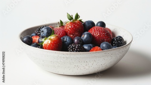 Selection of fresh berries in a speckled bowl on a white background.