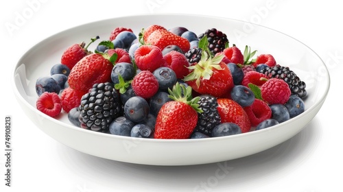 Mixed berries in a white ceramic bowl on a clean background.