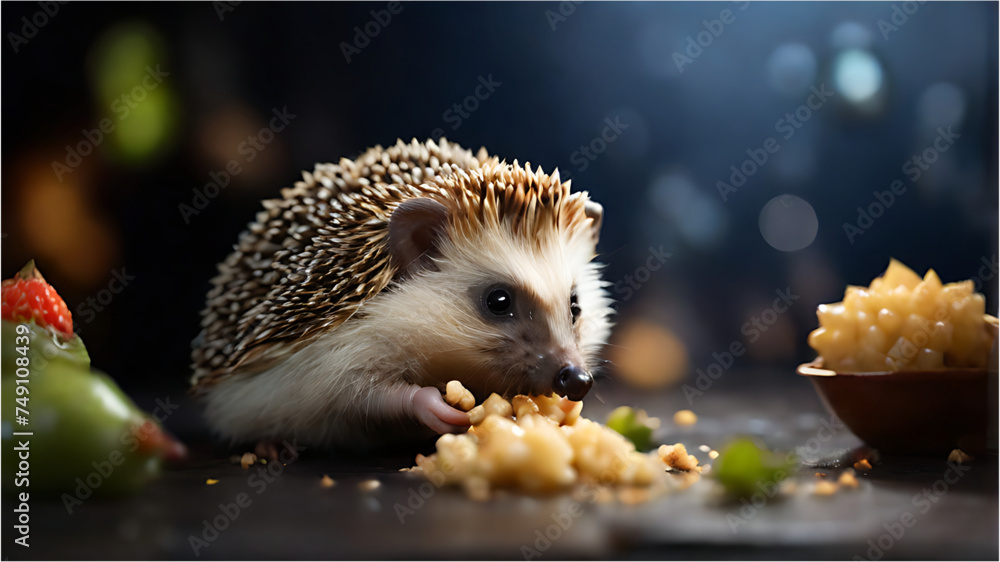 hedgehog wearing a coat and tie eating food, Blur white lighting background hedgehog wearing a coat and tie eating food, Blur white lighting background