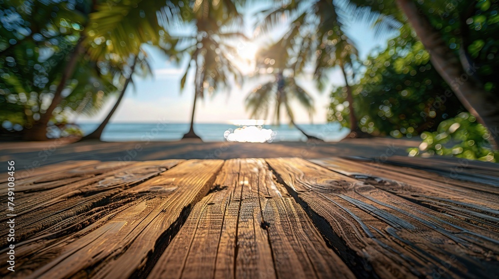 Top of wood table with blurred sea and coconut tree background Top of wood table with blurred sea and coconut tree background