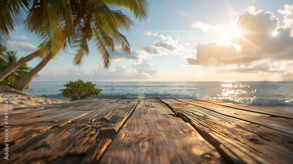Obraz premium Top of wood table with blurred sea and coconut tree background