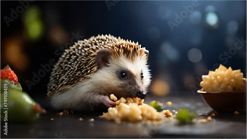 hedgehog wearing a coat and tie eating food, Blur white lighting background
