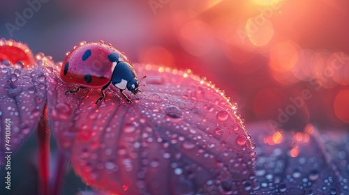 Crawling on a vibrant green leaf against the backdrop of a radiant sunrise, a red ladybug with dew-kissed wings adds a touch of serenity to the scene.