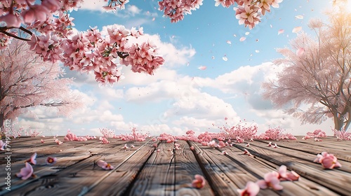 Top of wood table with pink cherry blossom flower on sky background