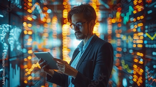 A man using tablet in the corridor of supercomputer data center