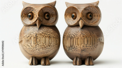Hand made craft: A close-up and front view, two identical wooden owl toys standing side by side, isolated on white background, with nature and soft studio lighting...