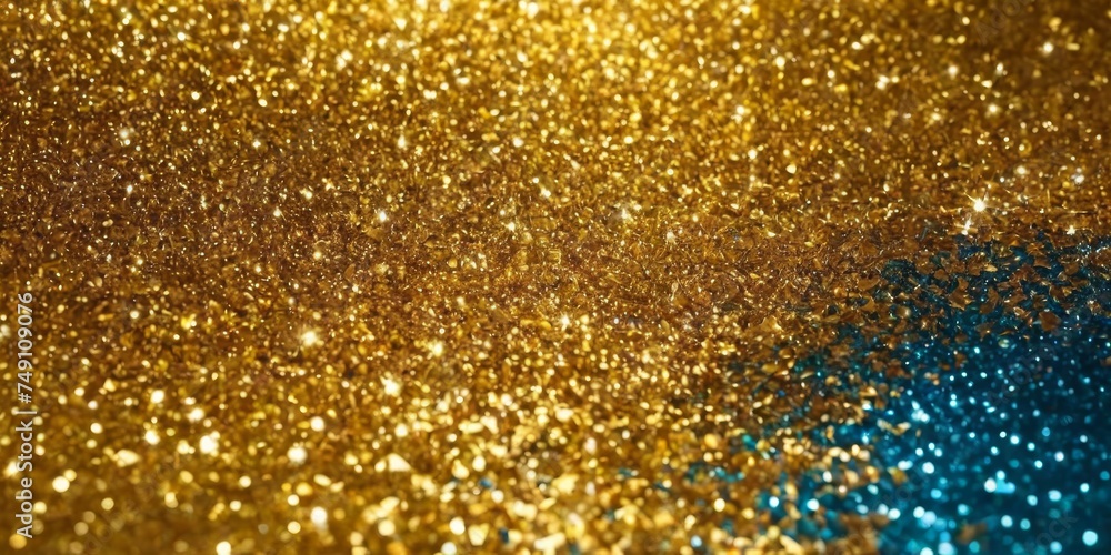 Blue and gold abstract festive glitter digital art wallpaper background. Holiday and party concept with shiny sparkles and a magical glow.