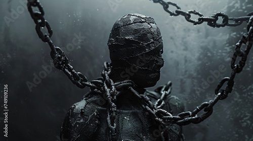 A character wrapped in chains that are connected to surrounding figures illustrating the binding and controlling nature of toxic relationships photo