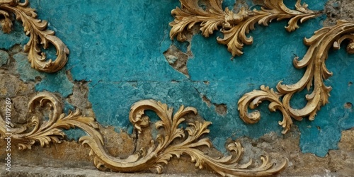 Blue, teal and gold texture of decayed, teared, weathered stone, wall. Rococo elements on decayed, grunge, textured wallpaper.