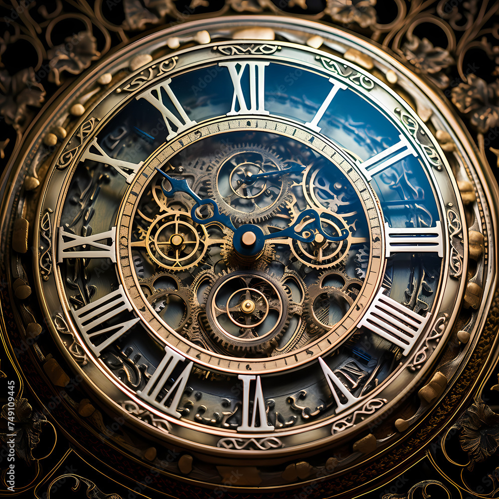 Antique clock face with intricate details.