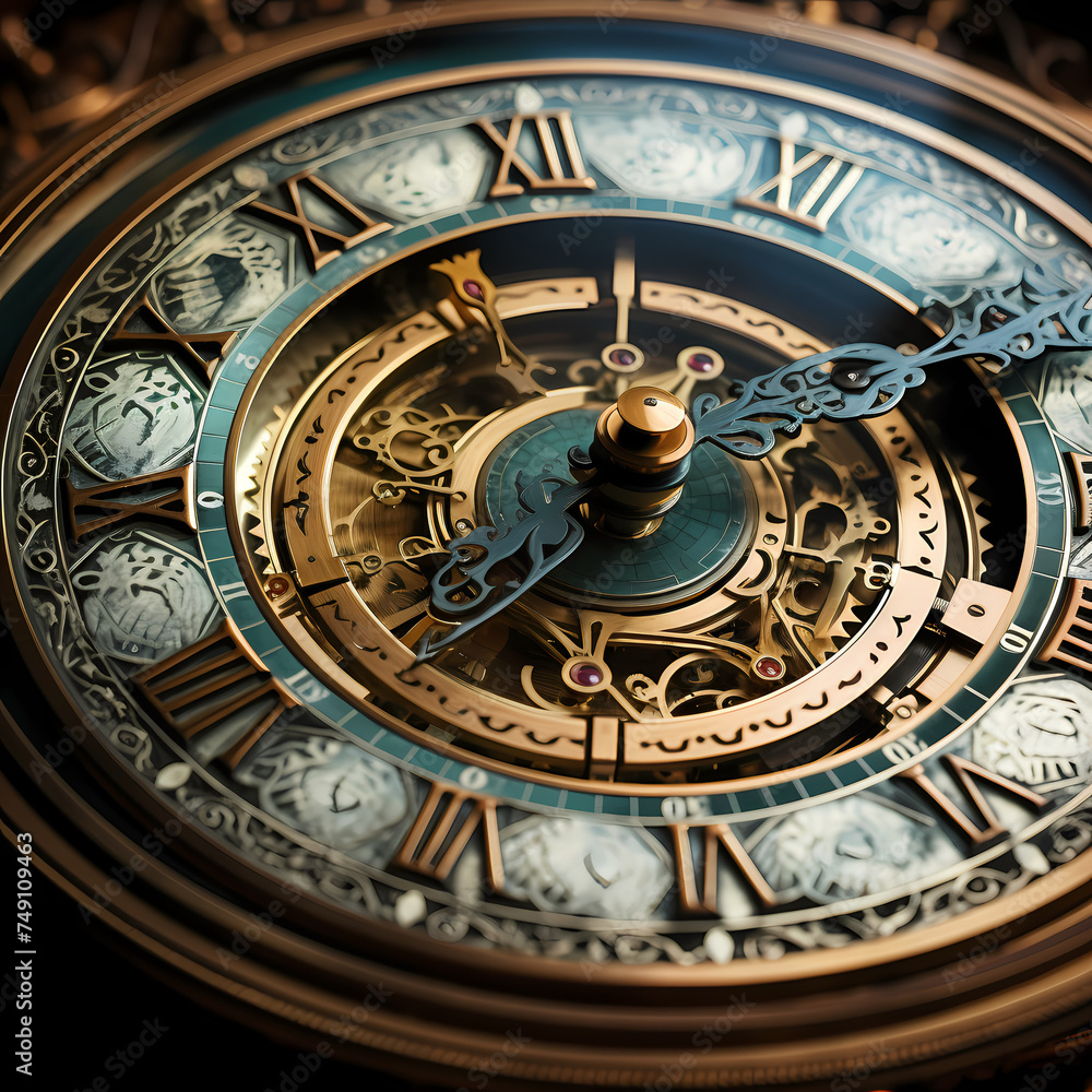 Antique clock face with intricate details.