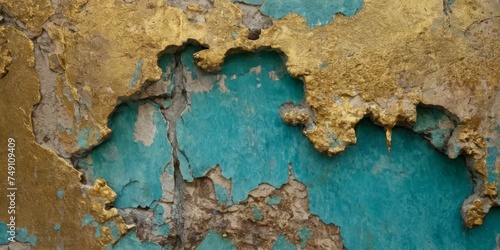 Blue, teal and gold texture of decayed, teared, weathered stone, wall. Rococo elements on decayed, grunge, textured wallpaper. © SANTANU PATRA