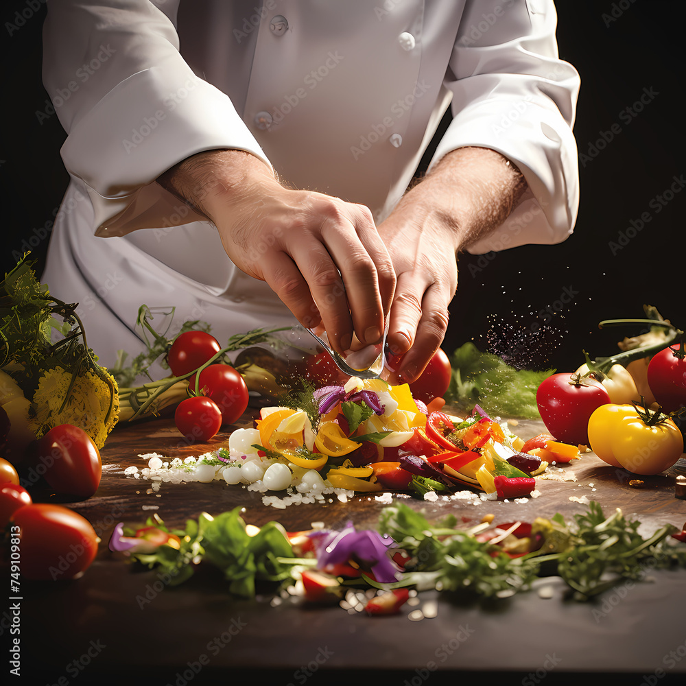 Close-up of a chefs hands preparing a gourmet dish
