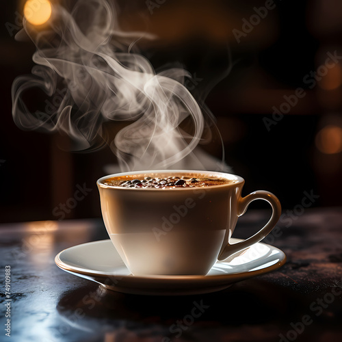 Close-up of a cup of steaming coffee.