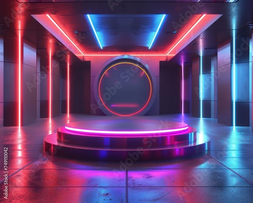 Tech Gadget Countdown A futuristic tech store background with a blank pedestal 3D rendered to spotlight a countdown sale on the latest gadgets bathed in colorful neon lights photo