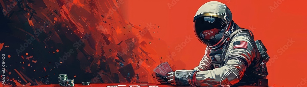 An astronaut dealing cards at a poker table on Mars with red dust coated casino chips minimalist style capturing the dusty red backdrop and the focus on the game An astronaut dealing cards at a poker table on Mars with red dust coated casino chips minimalist style capturing the dusty red backdrop and the focus on the game