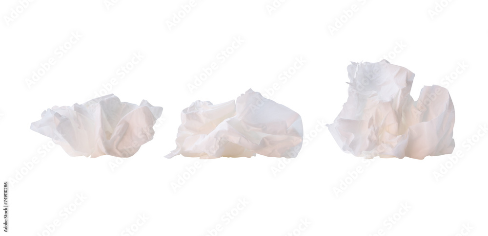 Front view set of crumpled tissue paper balls after use in toilet or restroom isolated with clipping path in png file format