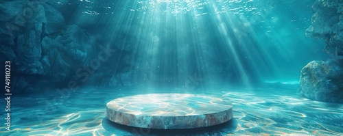 Aquatic Adventures Sale A pedestal against an underwater background highlighting swimwear and gear on sale minimalist 3D rendering with light rays filtering through water photo