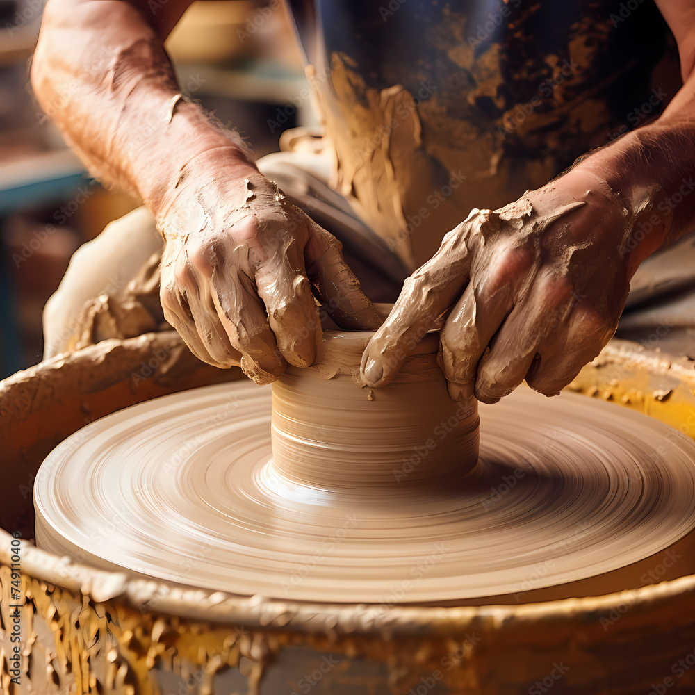 Close-up of a potters hands shaping clay on a wheel