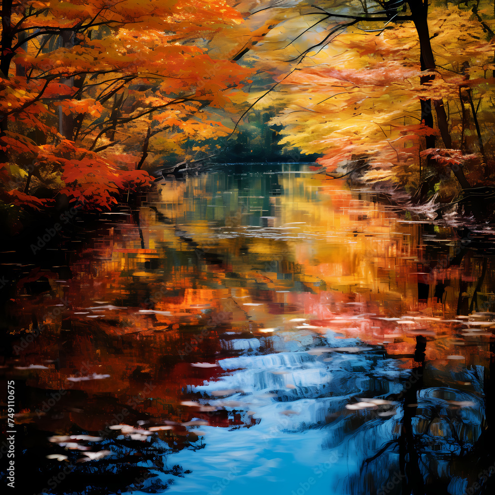 Colorful autumn foliage reflected in a pond. 