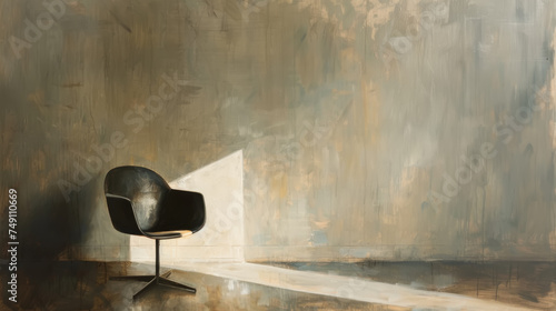 Modern chair facing a wall with a shaft of light reflecting on a polished floor,ai generated