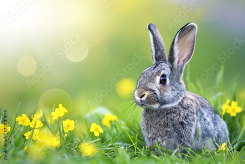 A gray rabbit sits among bright green grass and bright yellow flowers, bathed in soft sunlight