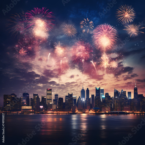 Colorful fireworks display over a city.  © Cao
