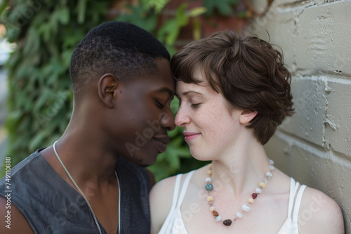 A multiracial couple shares a quiet, intimate moment, foreheads touching with a soft smile, surrounded by lush greenery