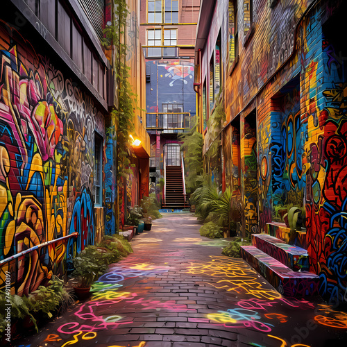Colorful graffiti-covered alley. © Cao