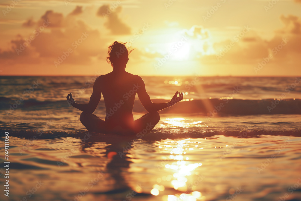 A person meditates in the ocean waters with the setting sun casting a golden glow