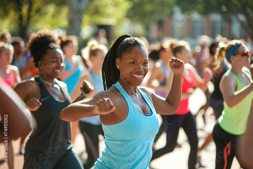 Smiling woman enjoying a lively Zumba workout in a large group setting outdoors photo