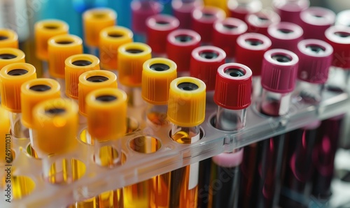 a close-up of a collection of medical test tubes in a rack, each filled with blood. The tubes have brightly colored caps in yellow, red, and purple, indicating different tests or blood components to b