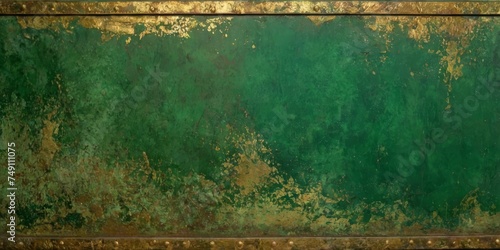 Distressed painted antique wall in green, pine green and gold texture. Beautiful distressed, weathered, luxury vintage aged metal surface. Ancient, decayed, vintage texture parchment, background.