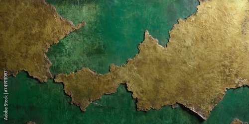 Distressed painted antique wall in green  pine green and gold texture. Beautiful distressed  weathered  luxury vintage aged metal surface. Ancient  decayed  vintage texture parchment  background.