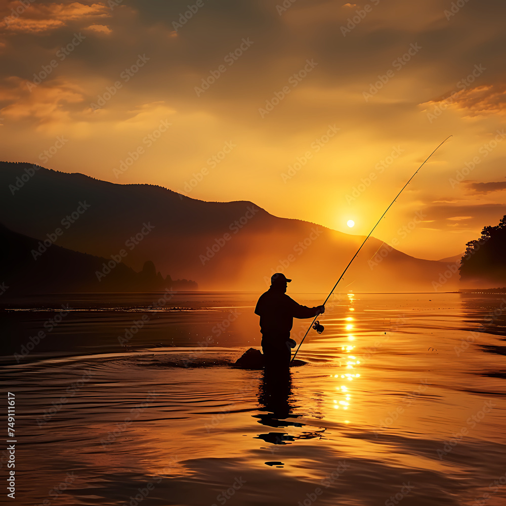 Fisherman casting a line at sunrise. 