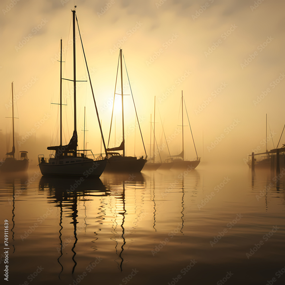 Foggy harbor with boats in silhouette.