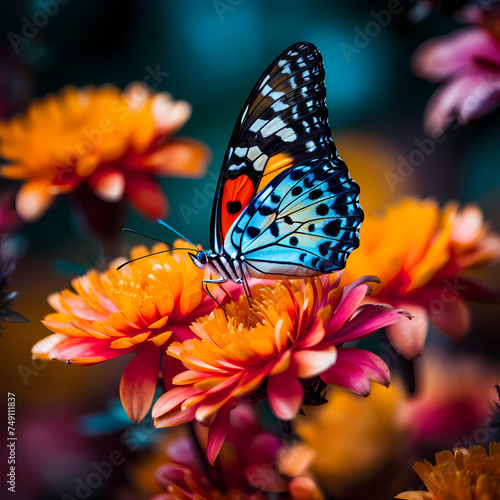 Macro shot of a butterfly on a vibrant flower. © Cao