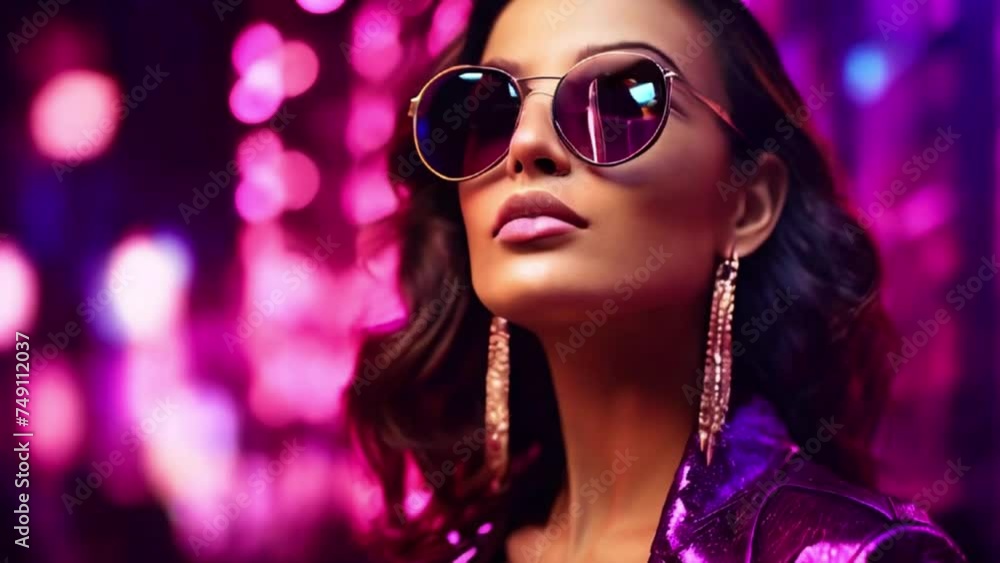 A woman with stylish and an earring, set against a dark background of vibrant bokeh lights. The concept is modern fashion A woman with stylish and an earring, set against a dark background of vibrant bokeh lights. The concept is modern fashion