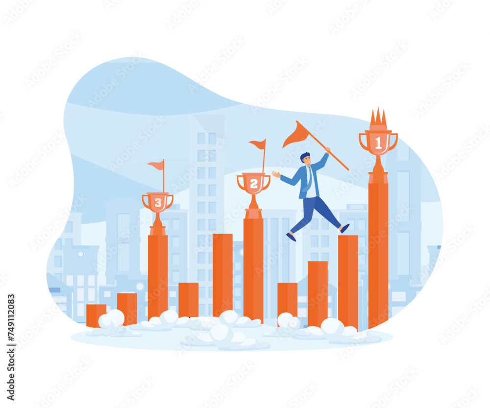  Success Business  concept. Businessman stepping up next stair to plant flag on new larger trophy. flat vector modern illustration 