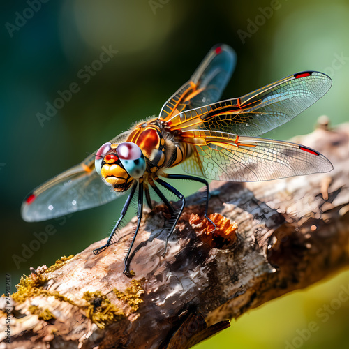 Macro shot of a dragonfly resting on a branch. © Cao