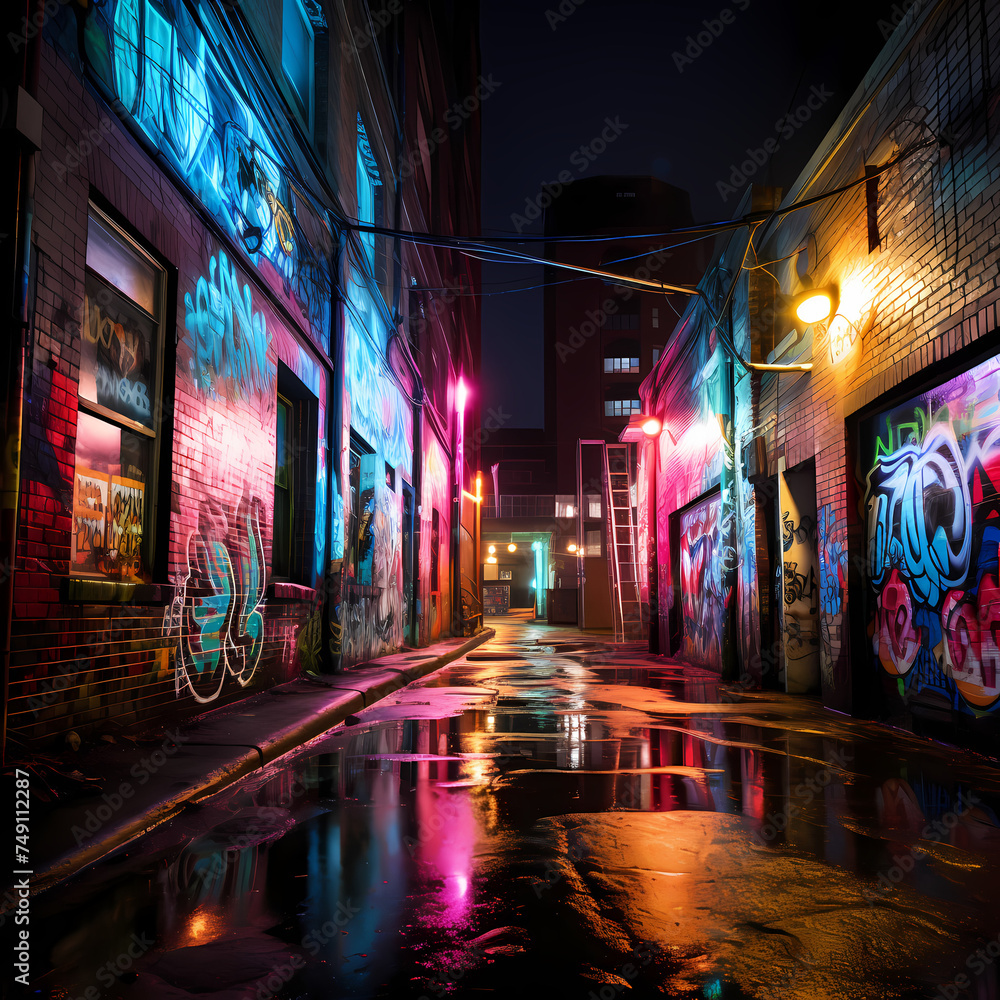 Neon-lit alleyway with urban graffiti. 