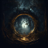 Mystical portal opening in a dark forest.