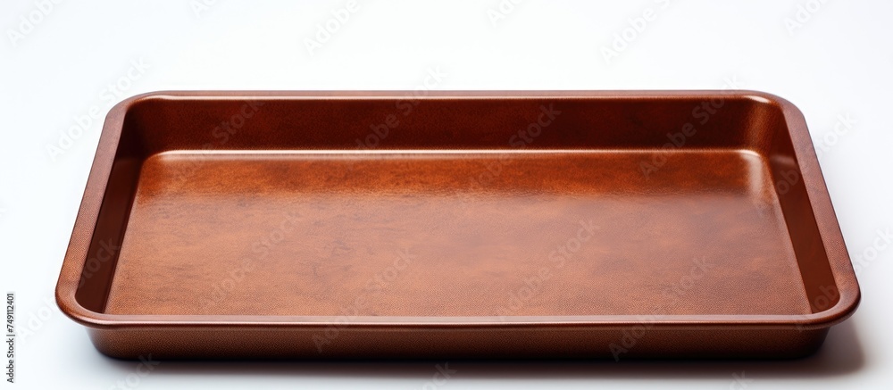 A brown tray is neatly placed on top of a white table, creating a simple yet elegant contrast. The tray appears sturdy and practical, ready for use in a kitchen or dining setting. A brown tray is neatly placed on top of a white table, creating a simple yet elegant contrast. The tray appears sturdy and practical, ready for use in a kitchen or dining setting.