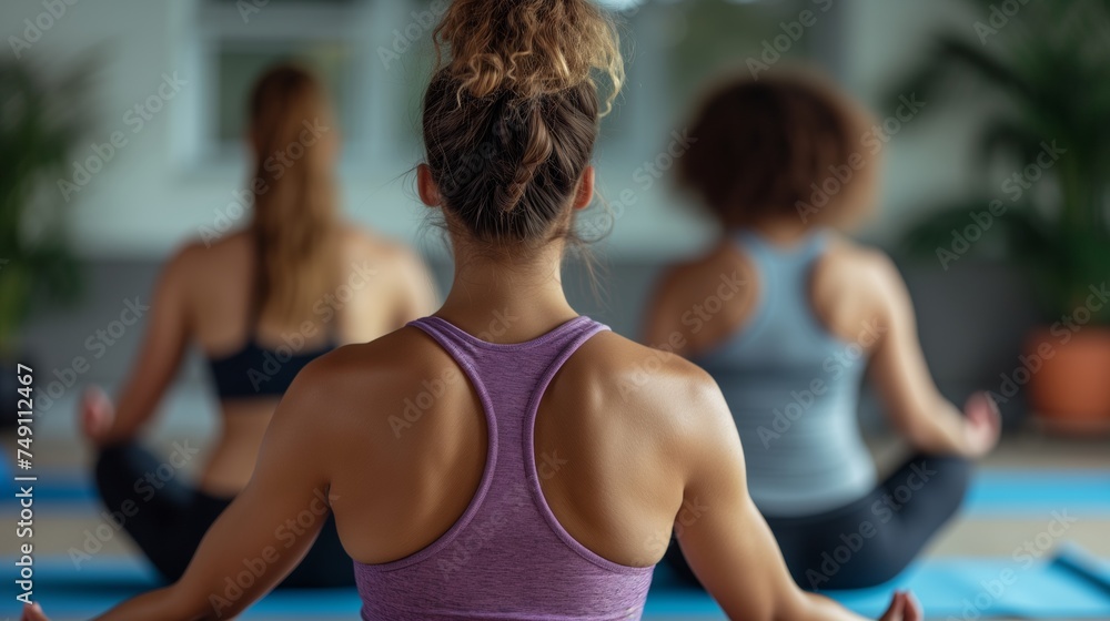 Group of women engaging in a peaceful yoga session indoors, focusing on meditation and mindfulness, back side. Group of women engaging in a peaceful yoga session indoors, focusing on meditation and mindfulness, back side.