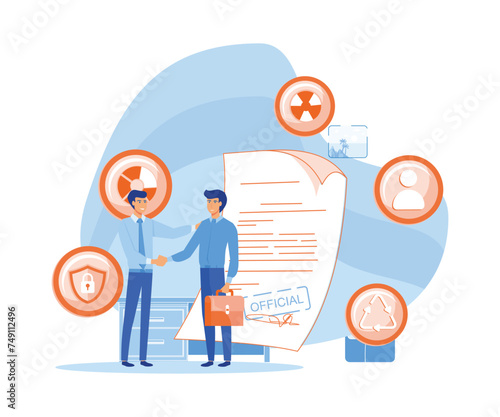 Contract agreement concept. Business people standing on a signed contract. flat vector modern illustration 