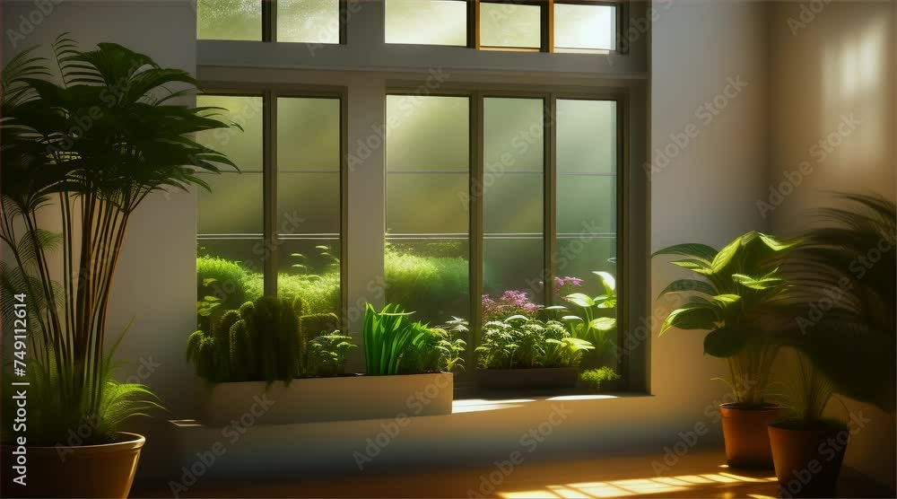 Modern living room with panoramic window views, sleek architecture, wooden accents, and lush indoor plants Modern living room with panoramic window views, sleek architecture, wooden accents, and lush indoor plants