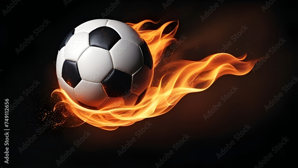 Fototapeta premium burning football powerful speed, fire and flames burning., A burning soccer ball against a black background, Soccer World Cup, Soccer Championship
