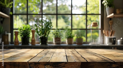 Wood table top on a blurry kitchen window background