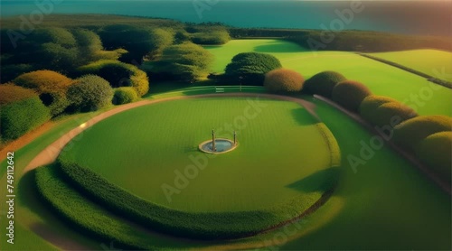Golf course with balls, trees, and scenic landscape under a sunny sky photo